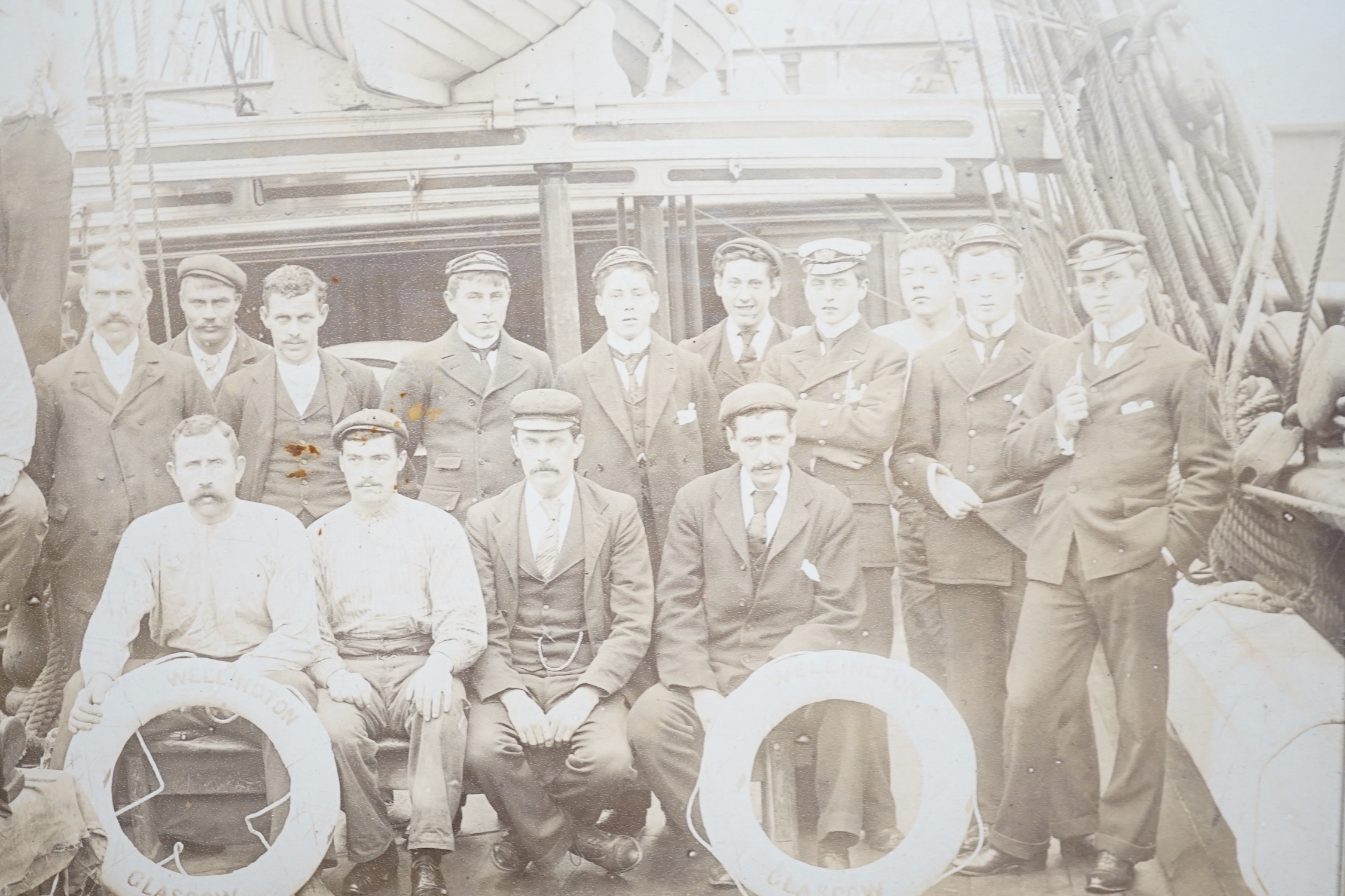 New Zealand history - A late 19th century albumen photograph of the crew of the ship Wellington which sailed from Glasgow to Wellington, New Zealand, by W Stewart photographer, 43 Broadway Terrace, Wellington, NZ., 14cm